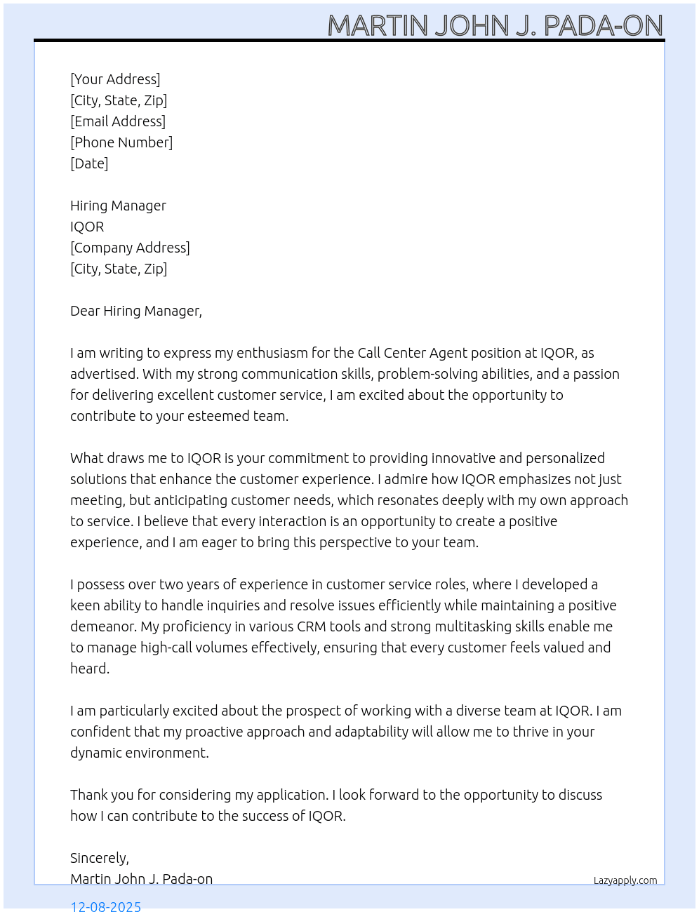 call center agent At IQOR Cover Letter
