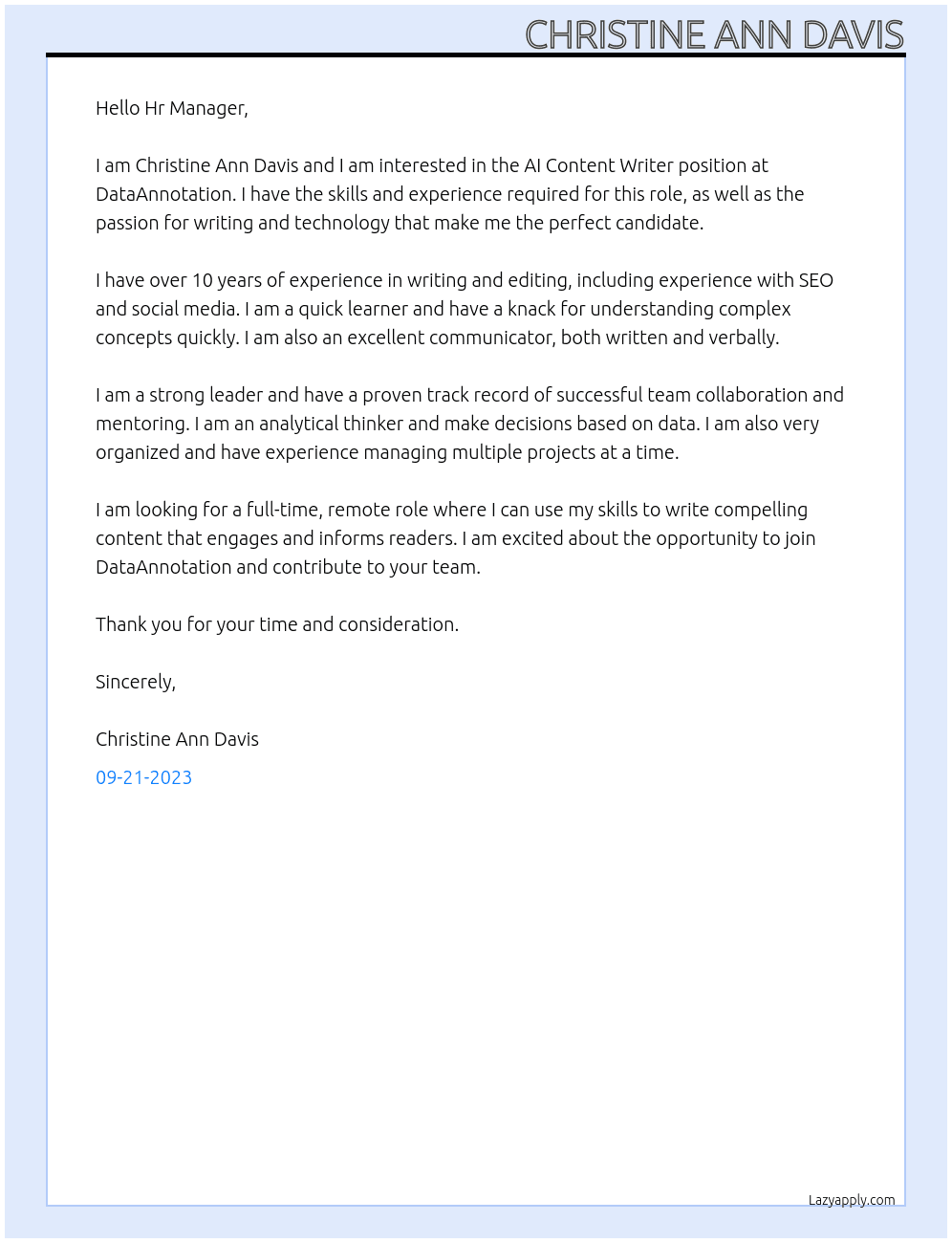 AI Content Writer At DataAnnotation Cover Letter