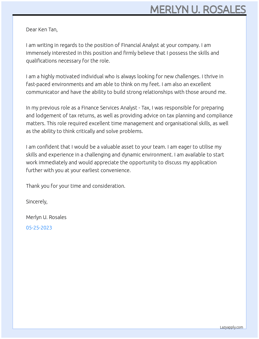 Financial Analyst  At Finance Services Analyst - Tax ,Cebu City, Cebu Cover Letter