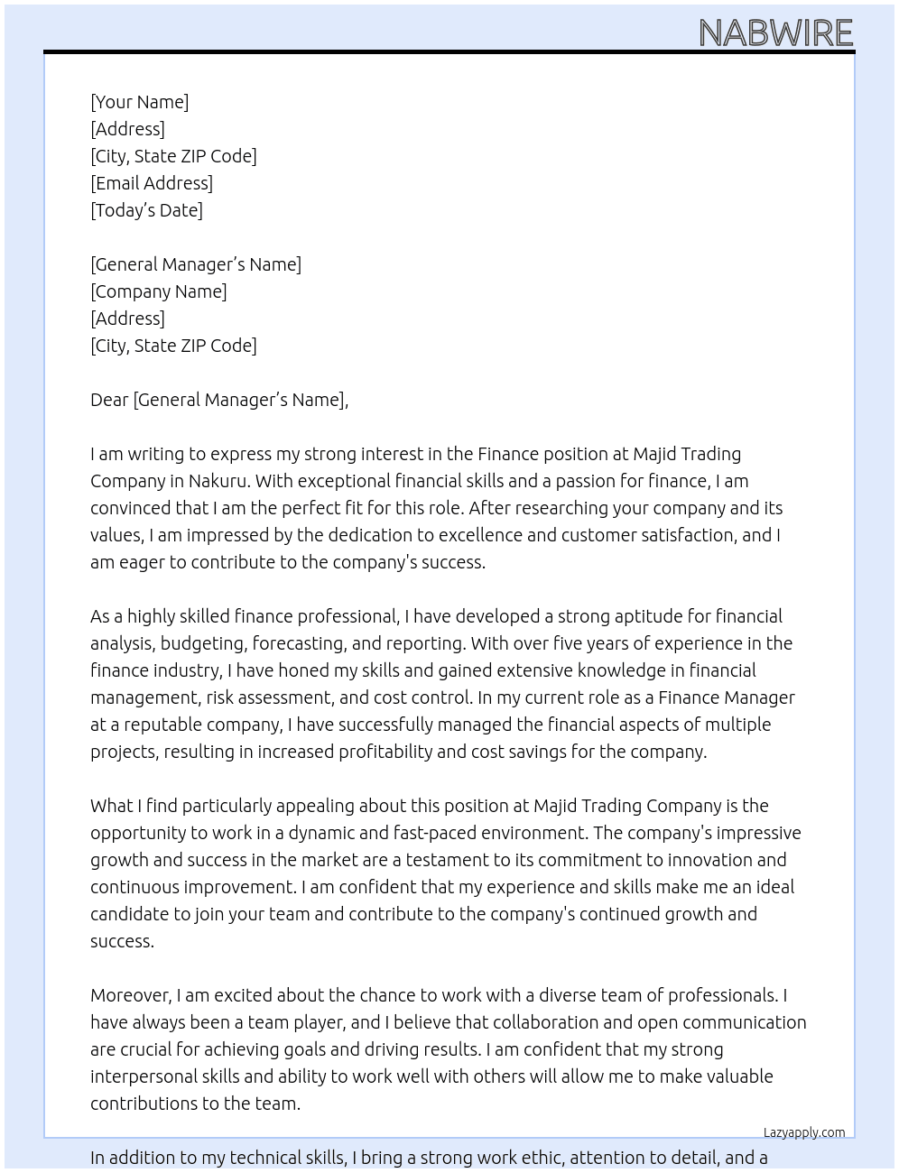 Finance At Majid traditing company  Cover Letter