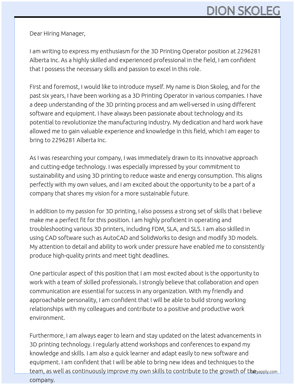 3D Printing Operator At 2296281 Alberta Inc. Cover Letter