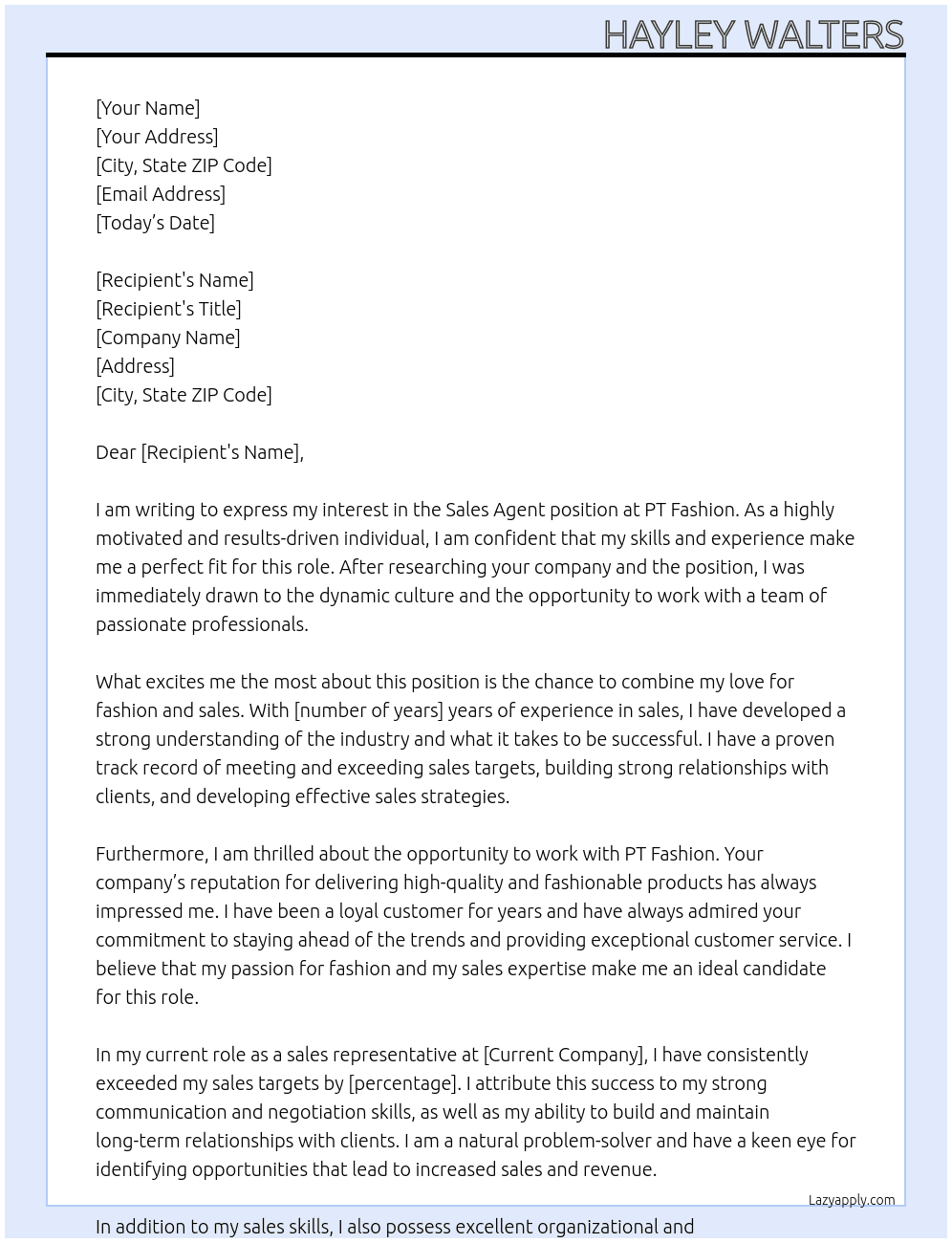 Sales agent At PT fashion Cover Letter