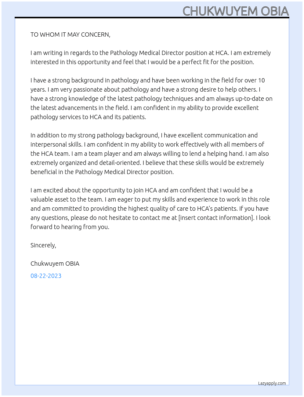 PATHOLOGY MEDICAL DIRECTOR  At HCA Cover Letter