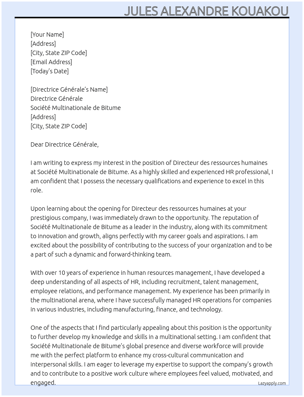 Directeur des ressources humaines At Société Multinationale de Bitume Cover Letter