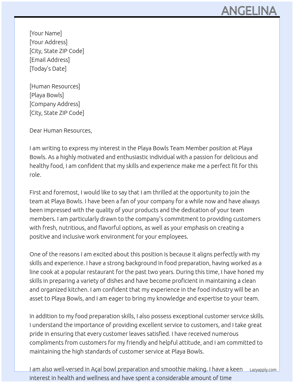 Playa Bowls Team Member At Playa Bowls Cover Letter