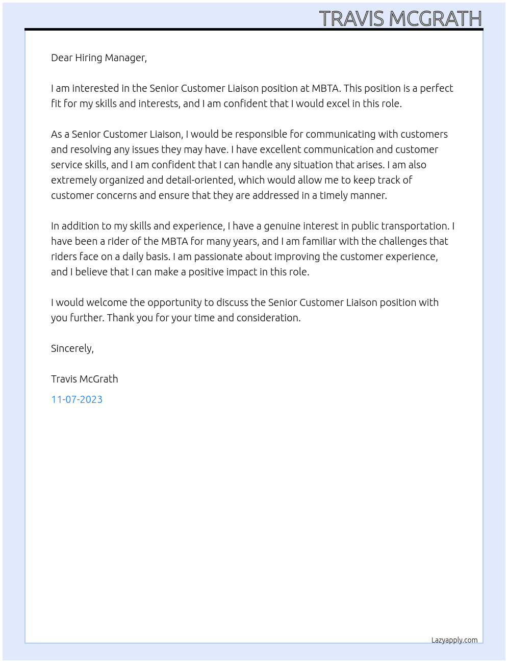 Senior Customer Liaison At MBTA Cover Letter