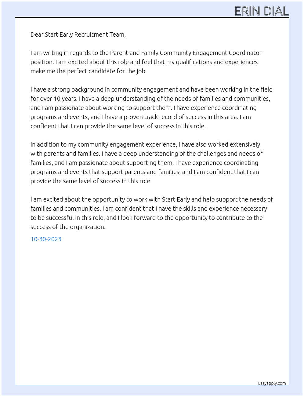 Parent and Family Community Engagement Coordinator At Start Early Cover Letter