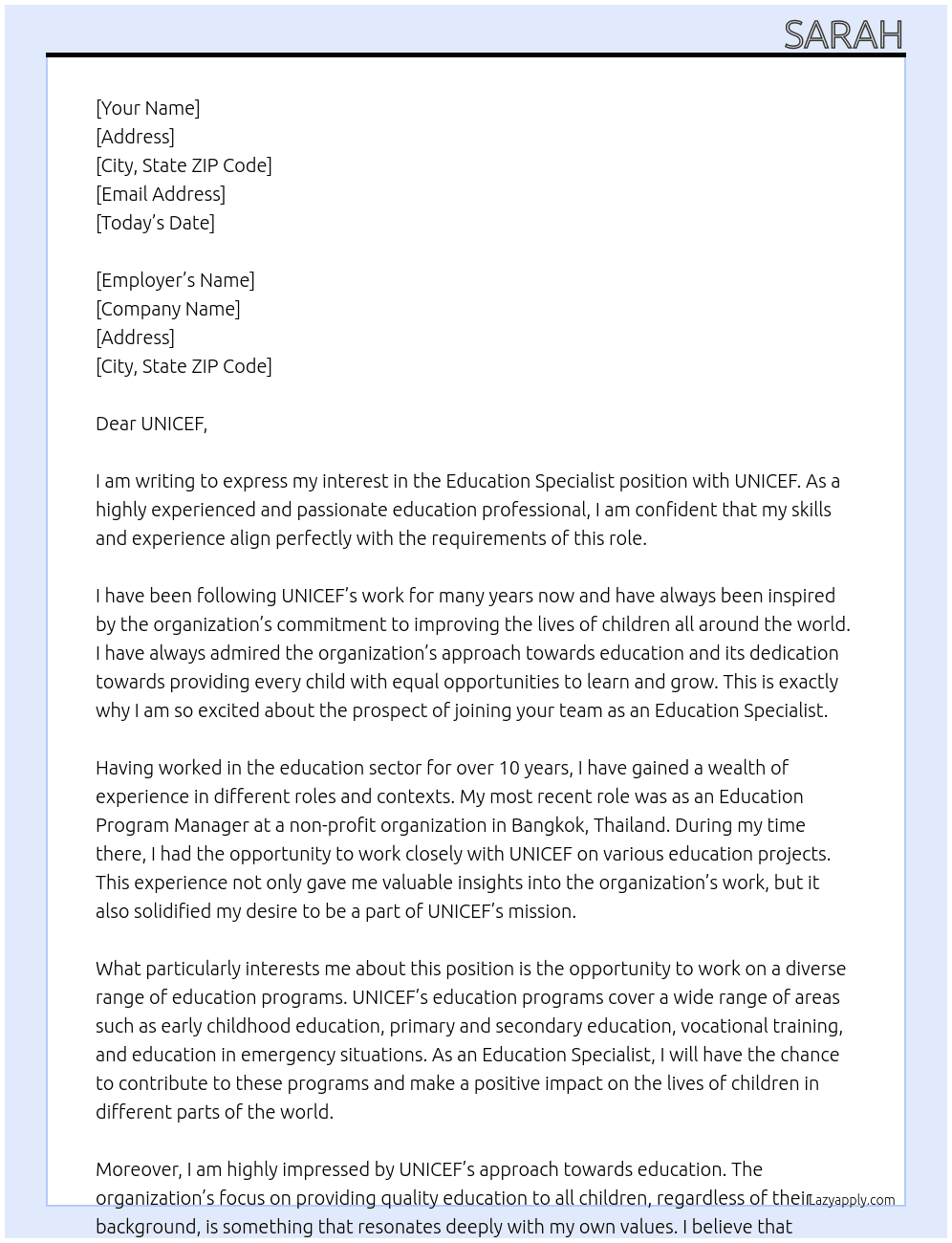 Education Specialist At UNICEF Cover Letter