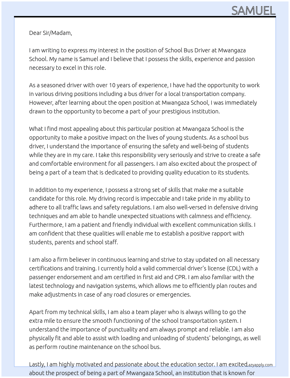 School bus driver At Mwangaza schol Cover Letter