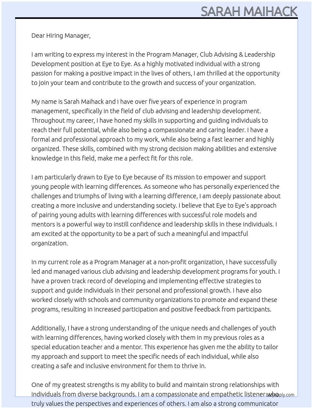 Program Manager, Club Advising & Leadership Development At Eye to Eye Cover Letter