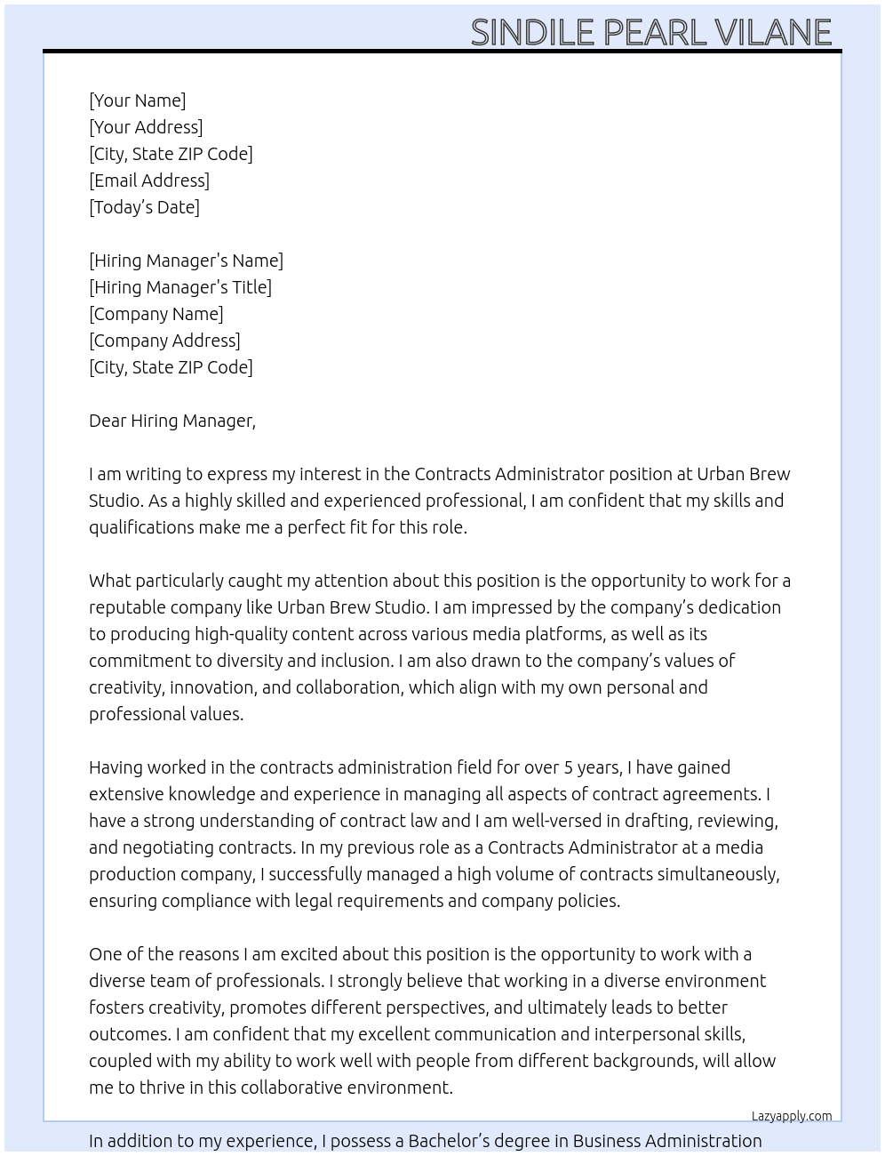Contracts Administrator  At Urban Brew Studio Cover Letter
