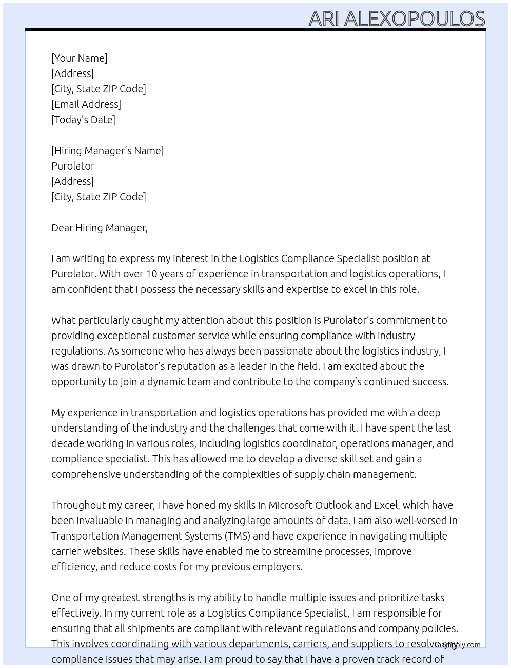 Logistics Compliance Specialist At Purolator Cover Letter