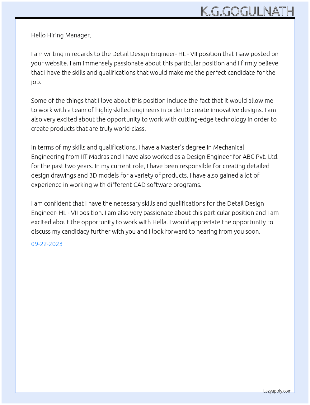 DETAIL DESIGN ENGINEER- HL - VII At HELLA · Chennai, Tamil Nadu, India  Cover Letter