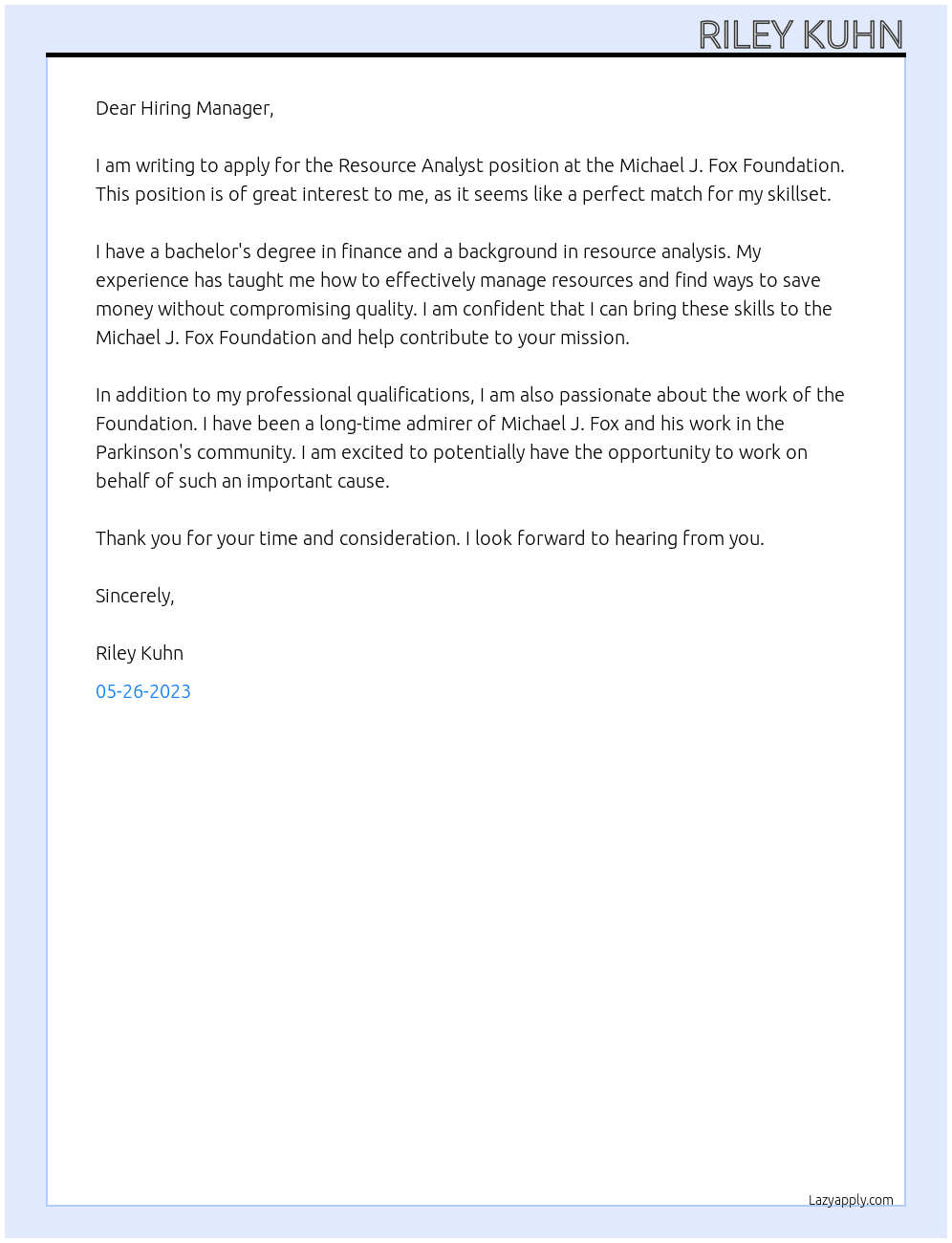 Resource Analyst At Michael J. Fox Foundation Cover Letter