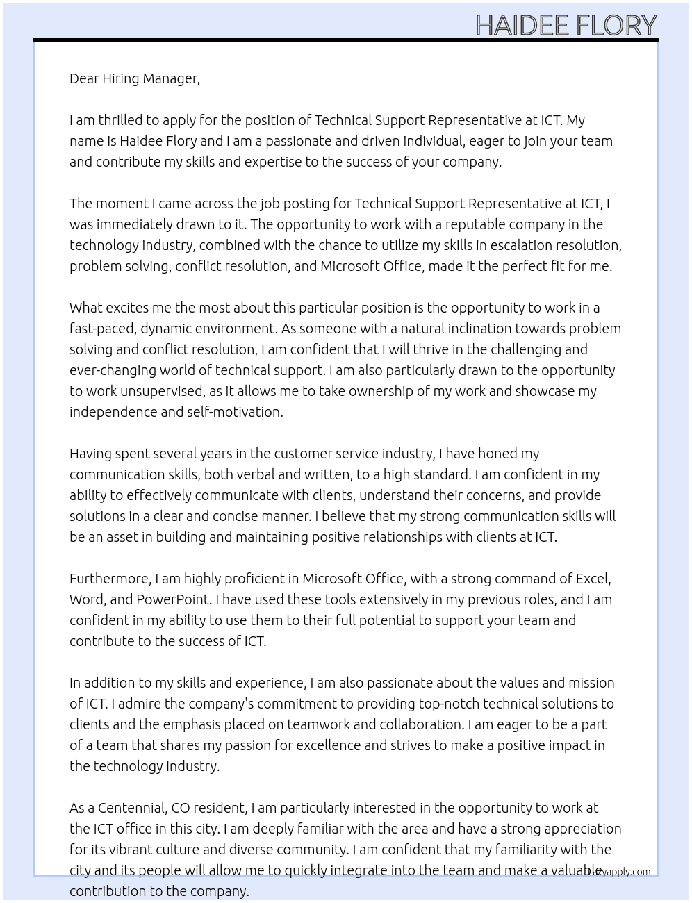 Technical Support Representative  At ICT Cover Letter