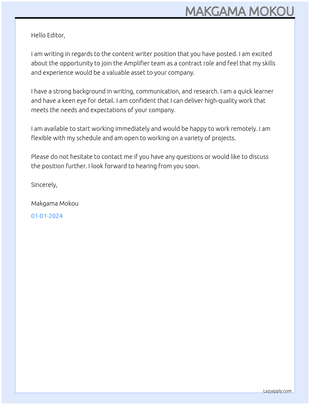 content writer  At amplifier Cover Letter