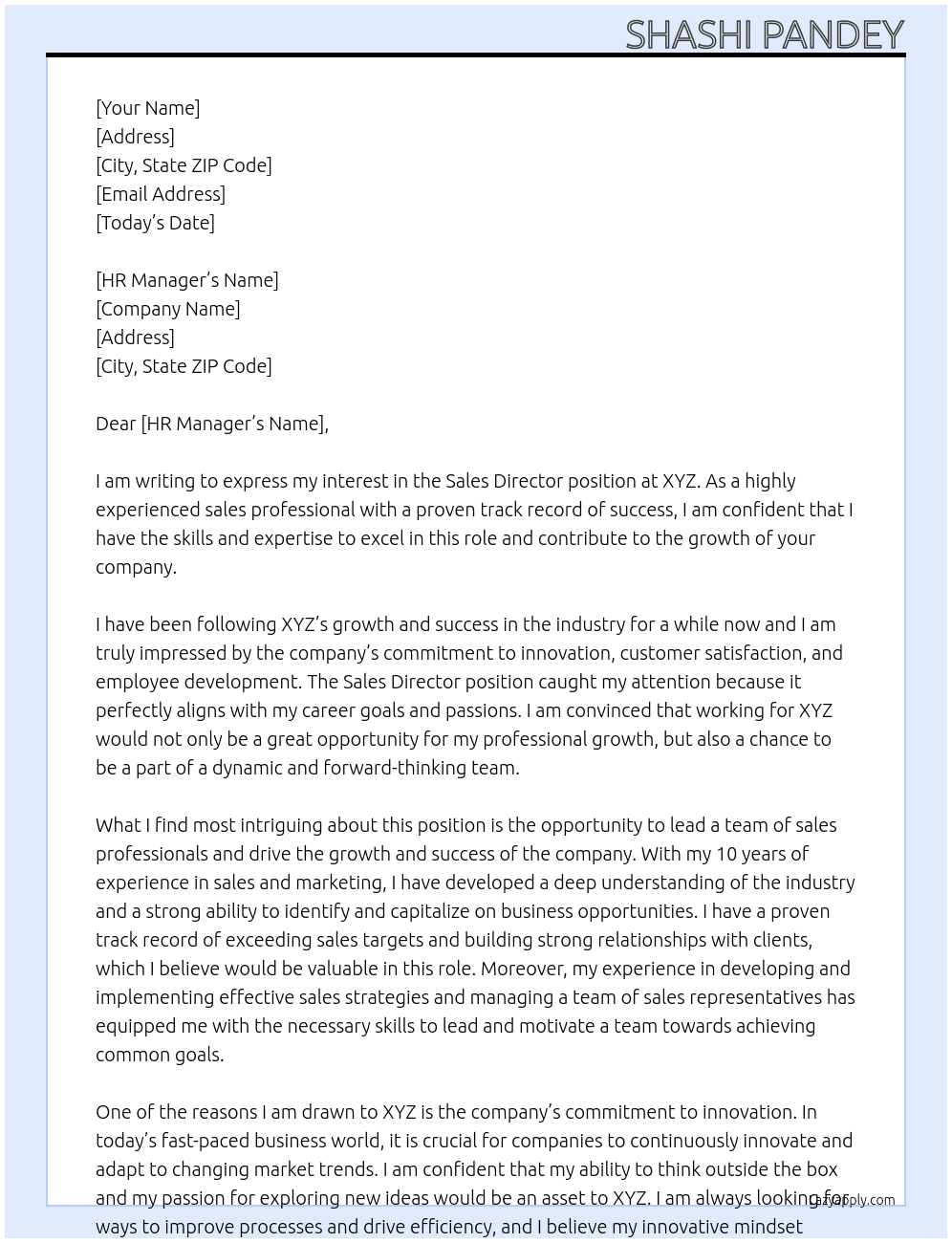 Sales Director At XYZ Cover Letter