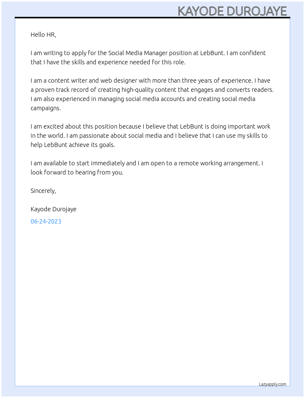 Social Media Manager  At LebBunt Cover Letter
