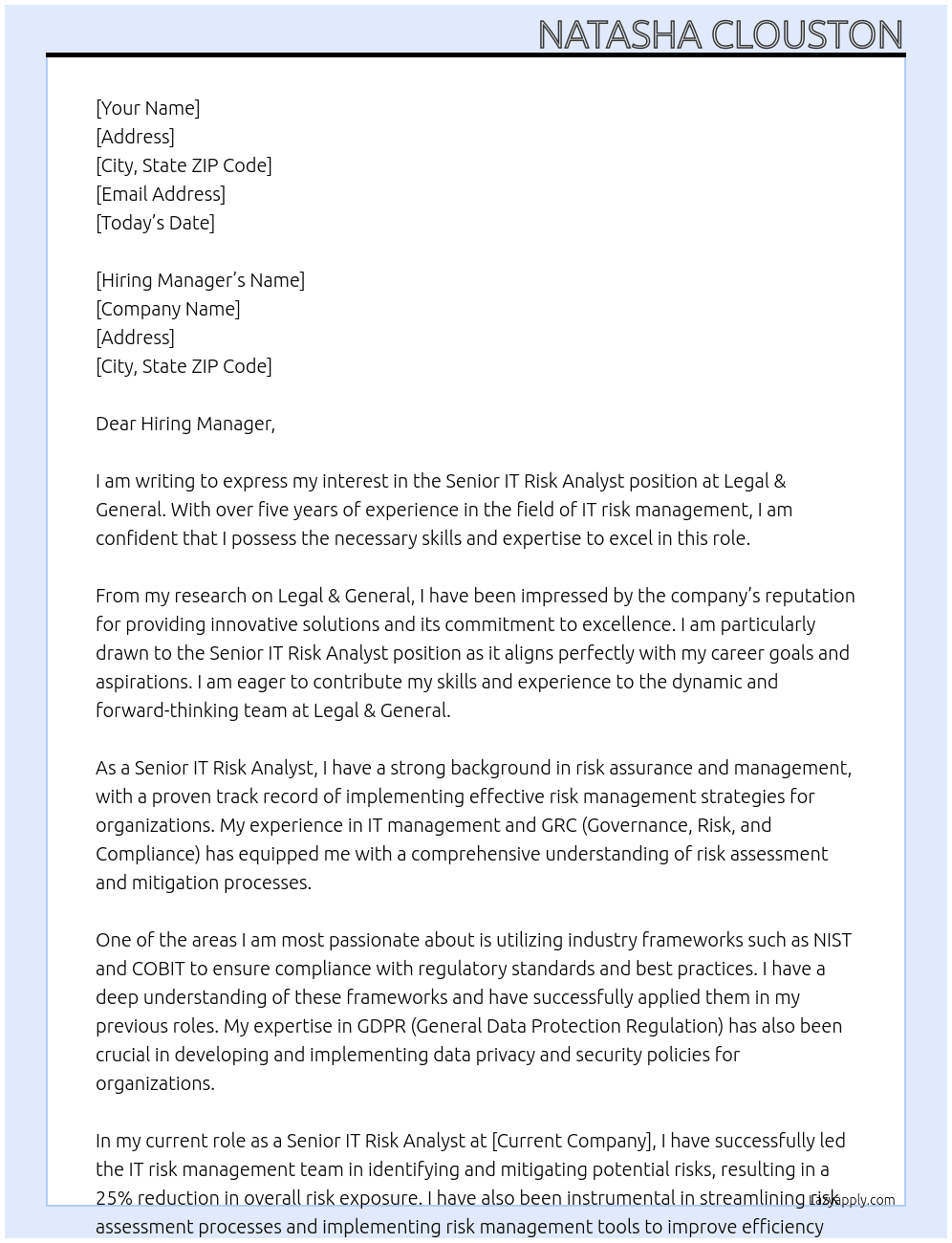 Senior IT Risk Analyst At Legal & General Cover Letter