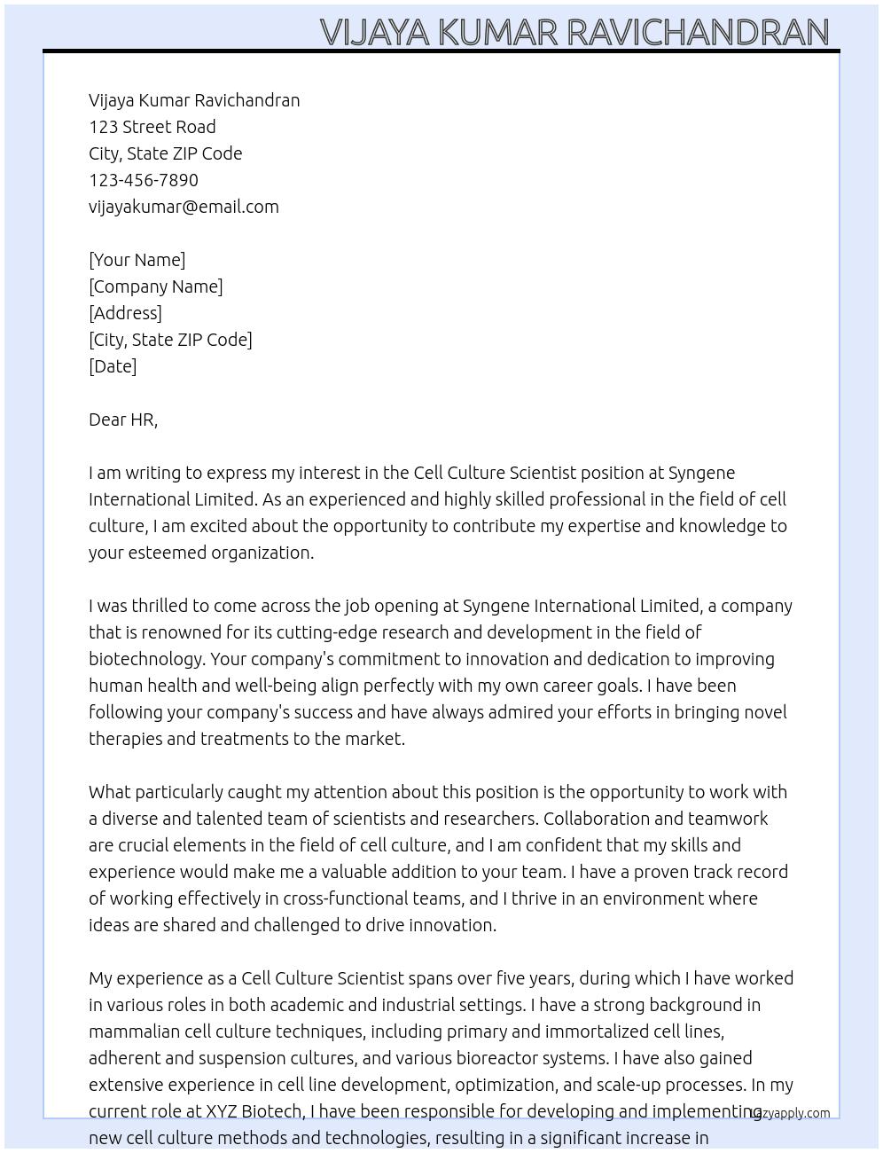 Cell Culture Scientist At  Syngene International Limited Cover Letter