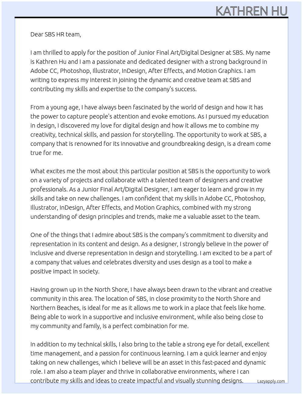 Junior Final Art/Digital Designer At SBS Cover Letter