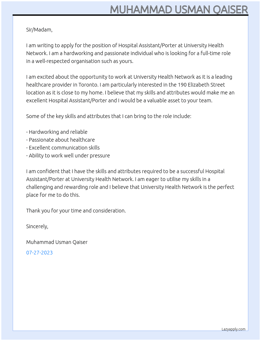 Hospital Assistant/ Porter At University Health Network 190 Elizabeth Street Cover Letter
