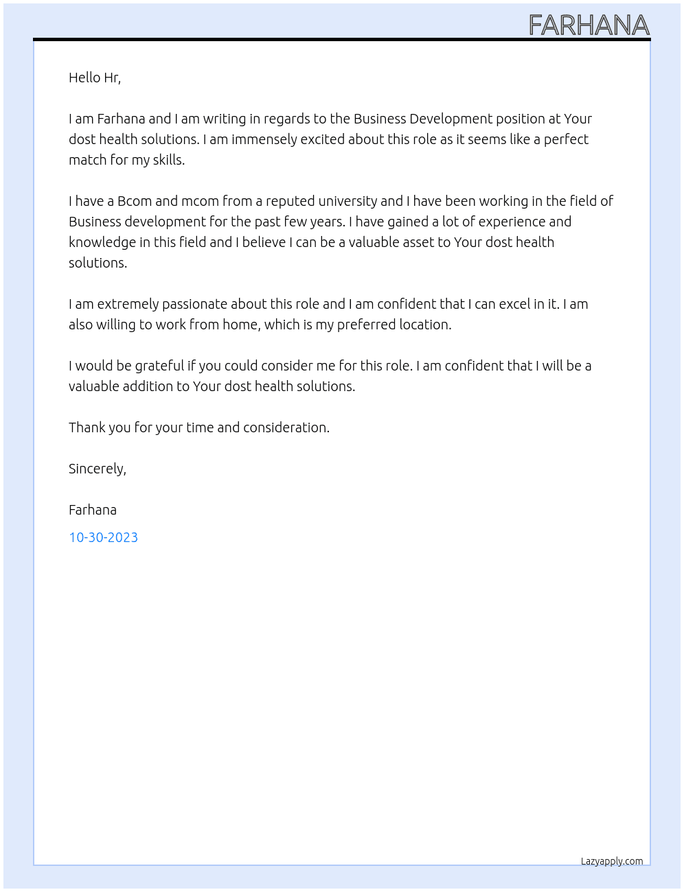 Business development At Your dost health solutions Cover Letter
