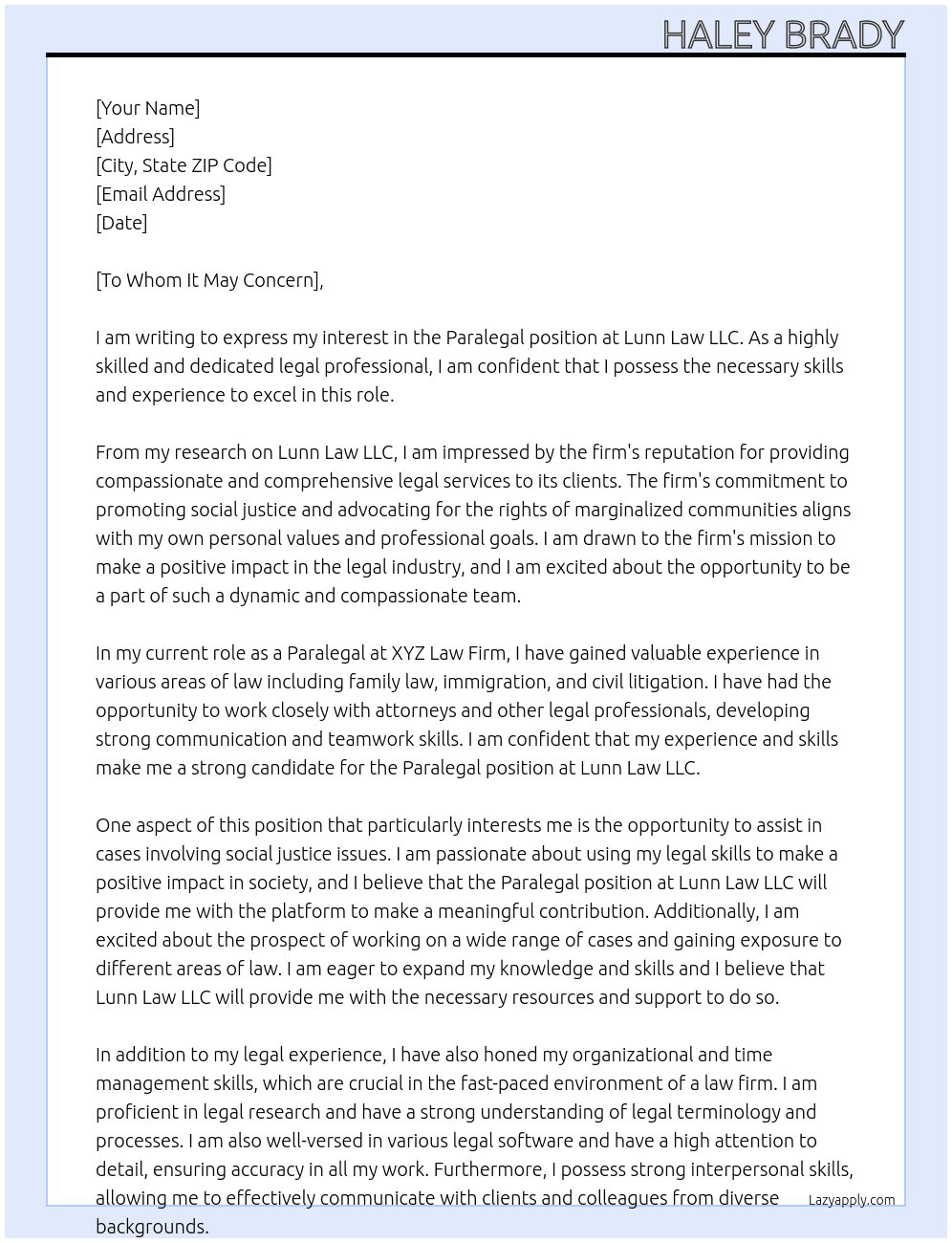 Paralegal At Lunn Law LLC Cover Letter