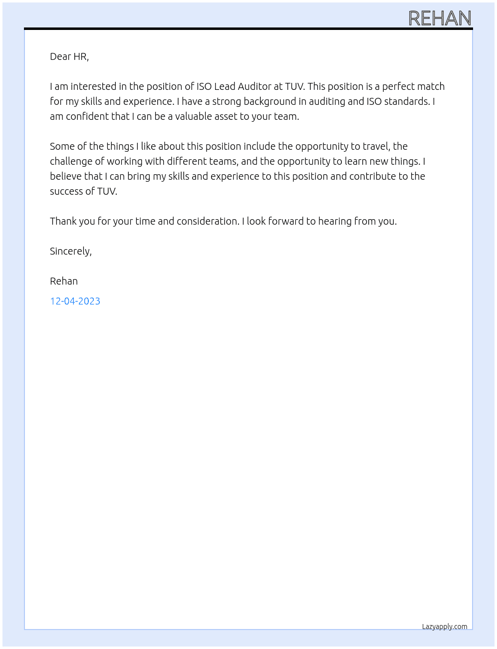 ISO Lead Auditor At TUV Cover Letter