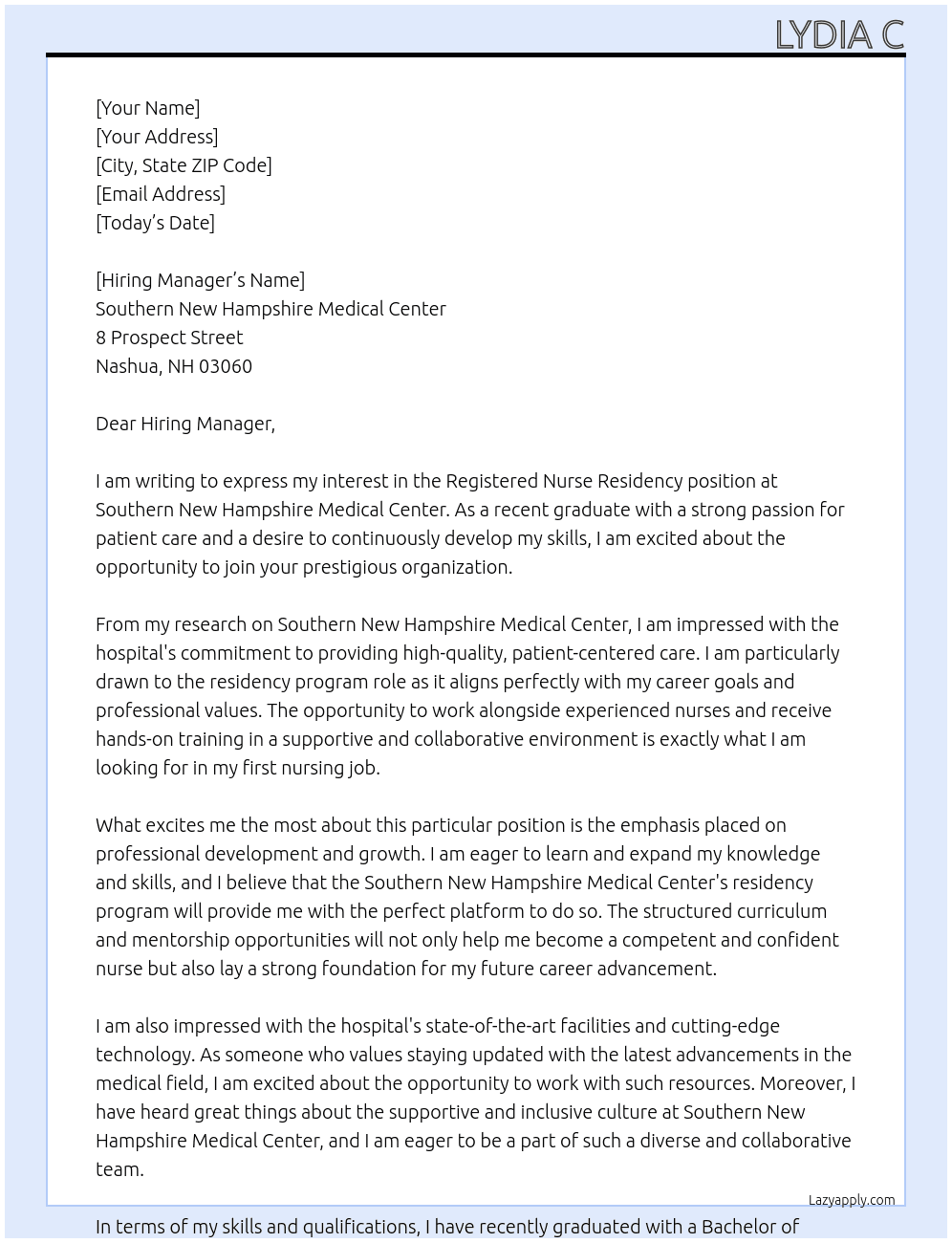 Registered Nurse Residency At Southern New Hampshire Medical Center Cover Letter