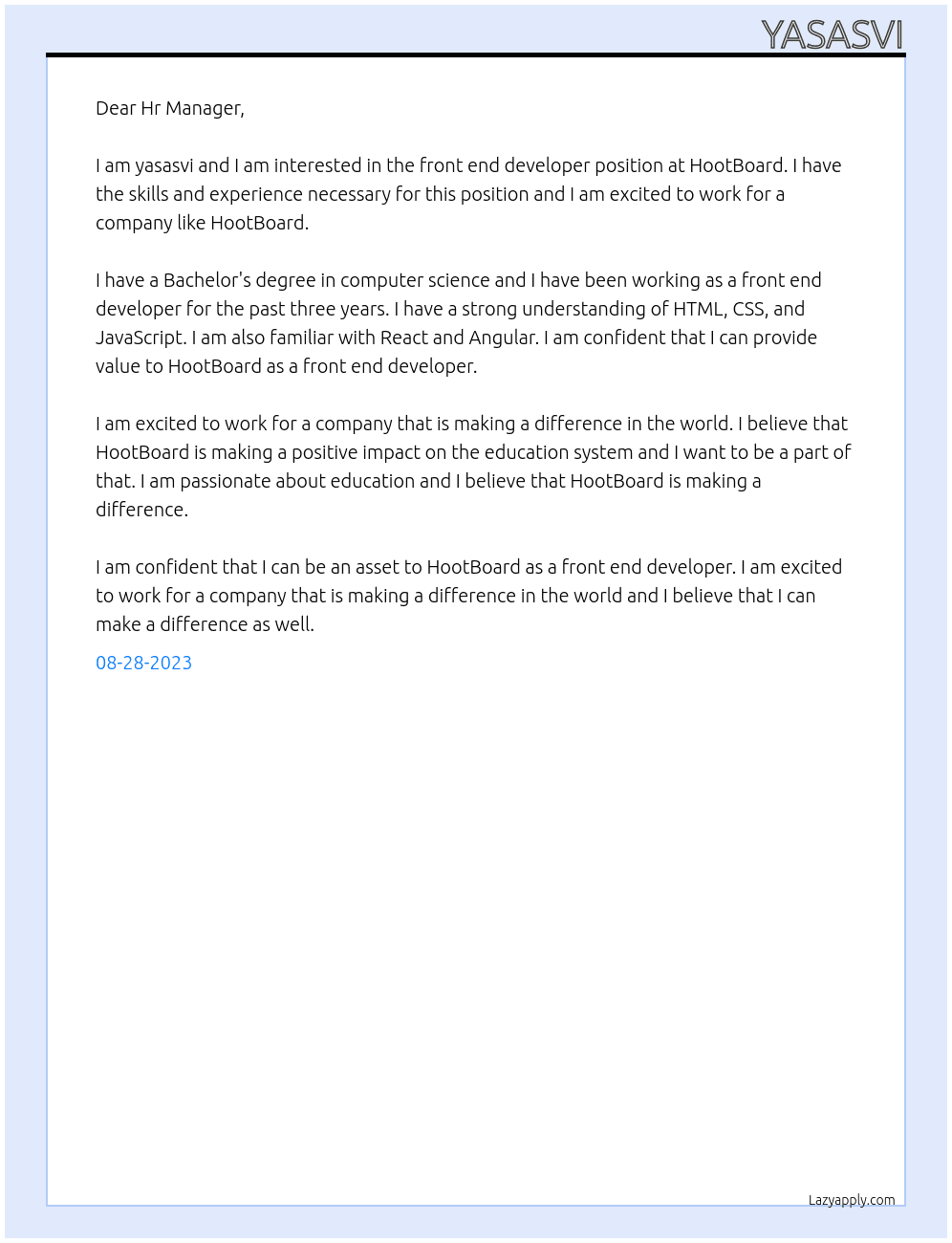 front end developer At HootBoard Cover Letter