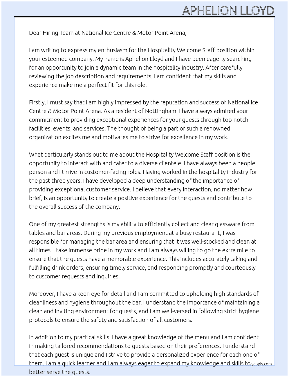 Hospitality Welcome Staff At National Ice Centre & Motor Point Arena  Cover Letter