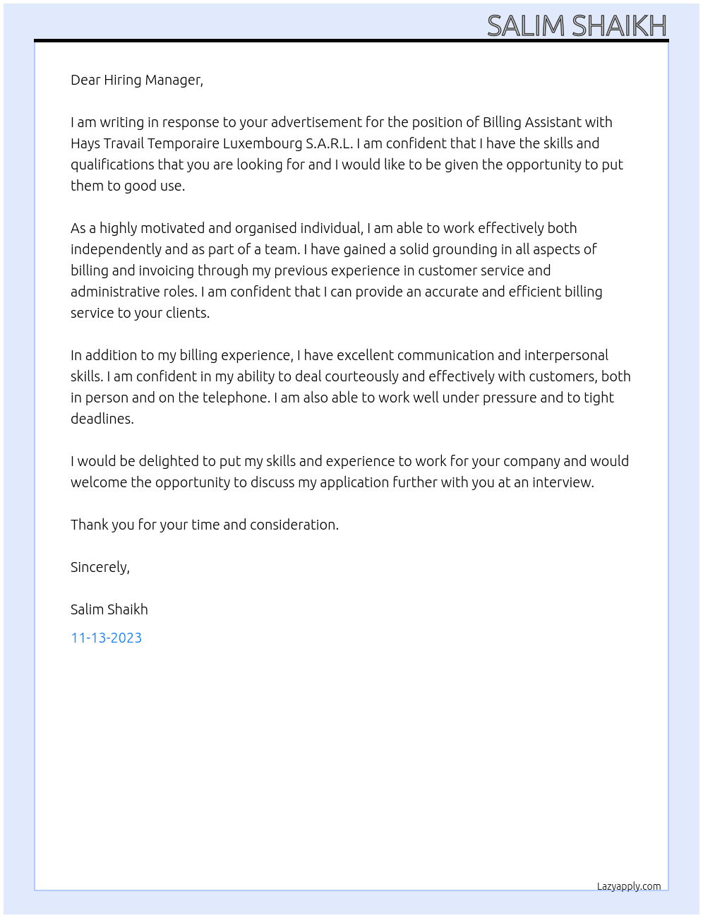 Billing Assistant At HAYS TRAVAIL TEMPORAIRE LUXEMBOURG S.A.R.L. Cover Letter