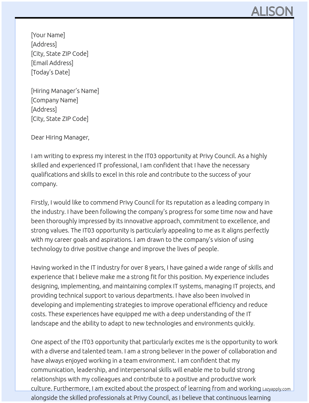 IT03 opportunity At Privy COuncil Cover Letter