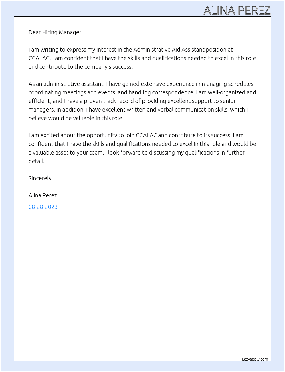 Administrative Aid Assistant At CCALAC Cover Letter