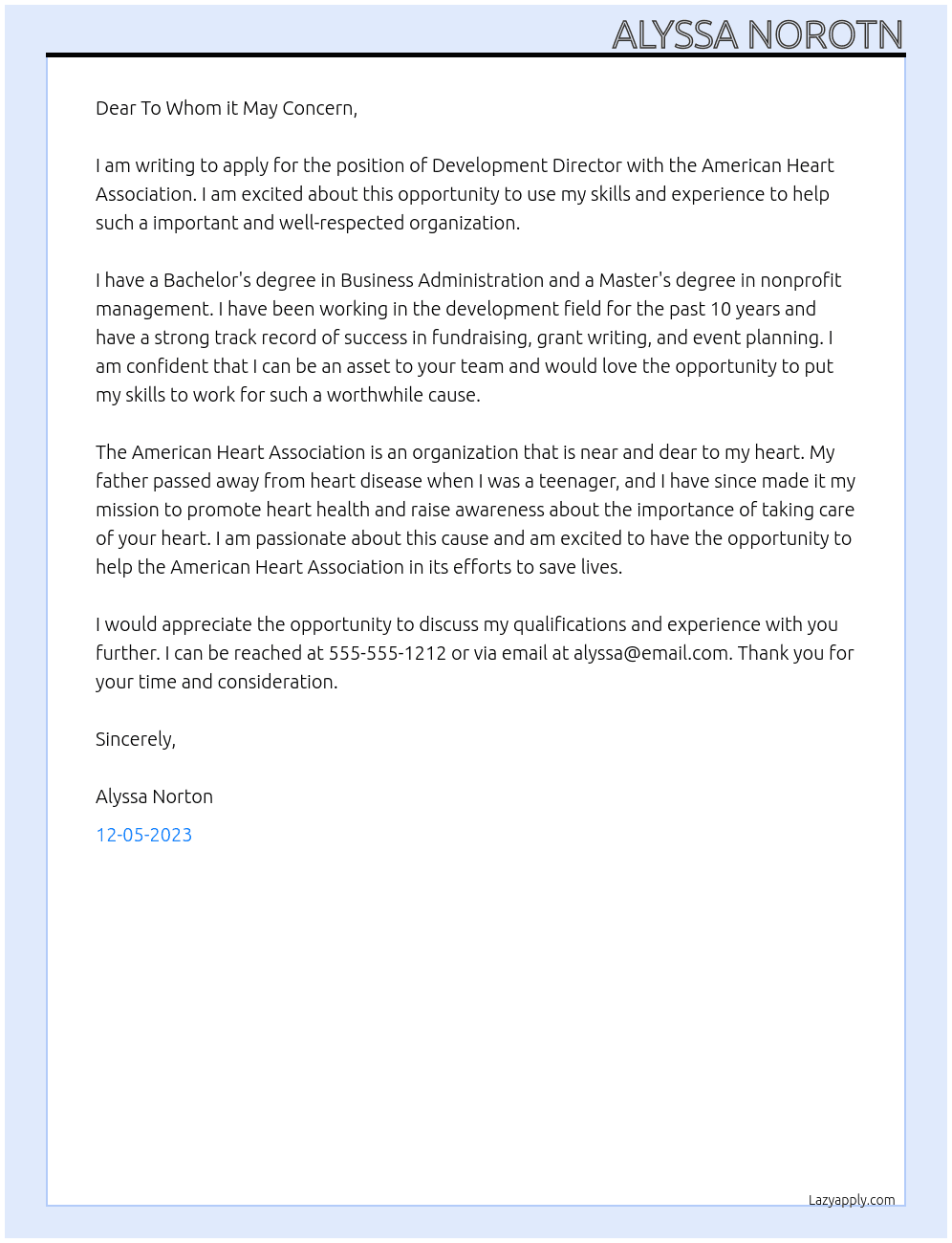 Development Director At American Heart Association Cover Letter