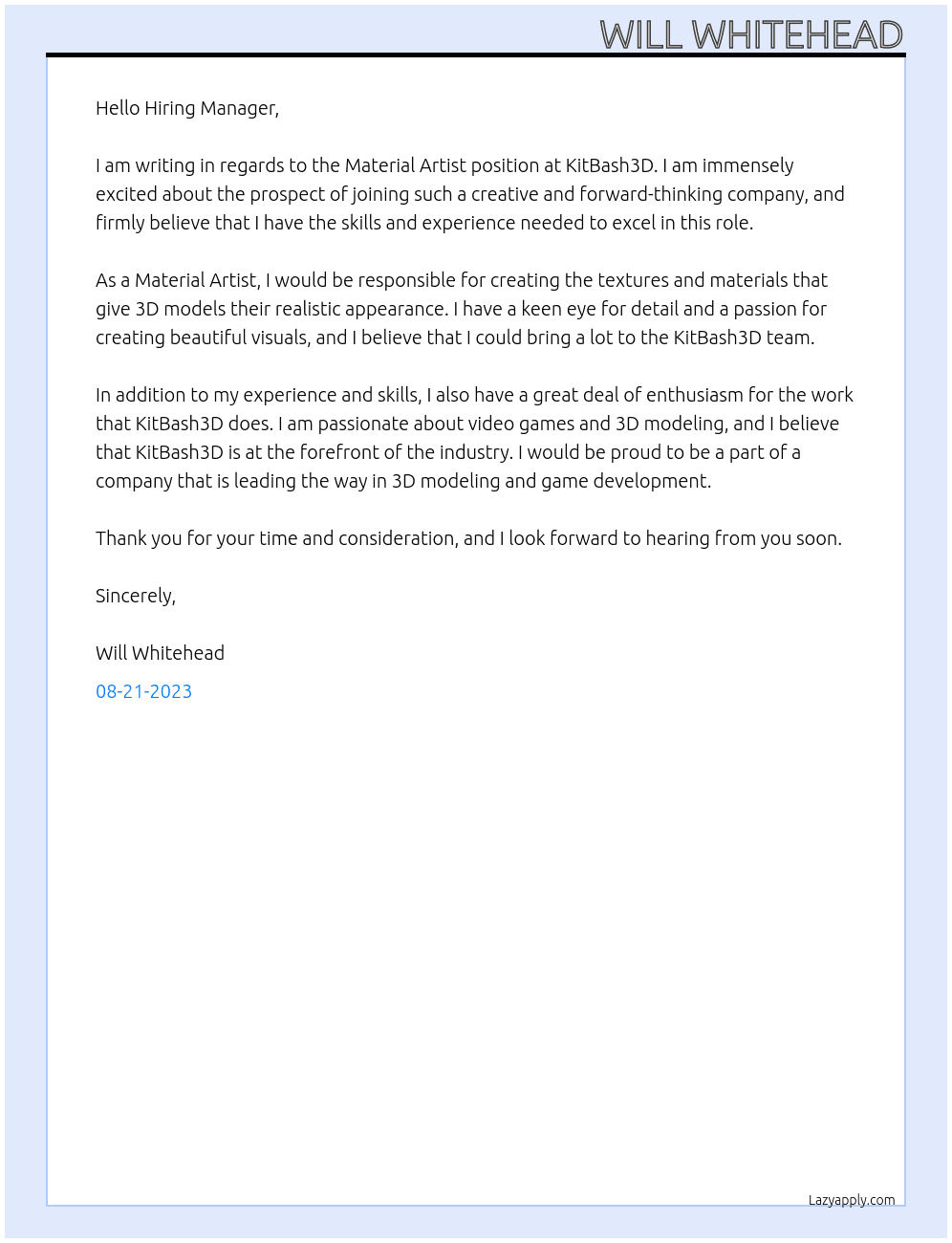 Material Artist At KitBash3D Cover Letter