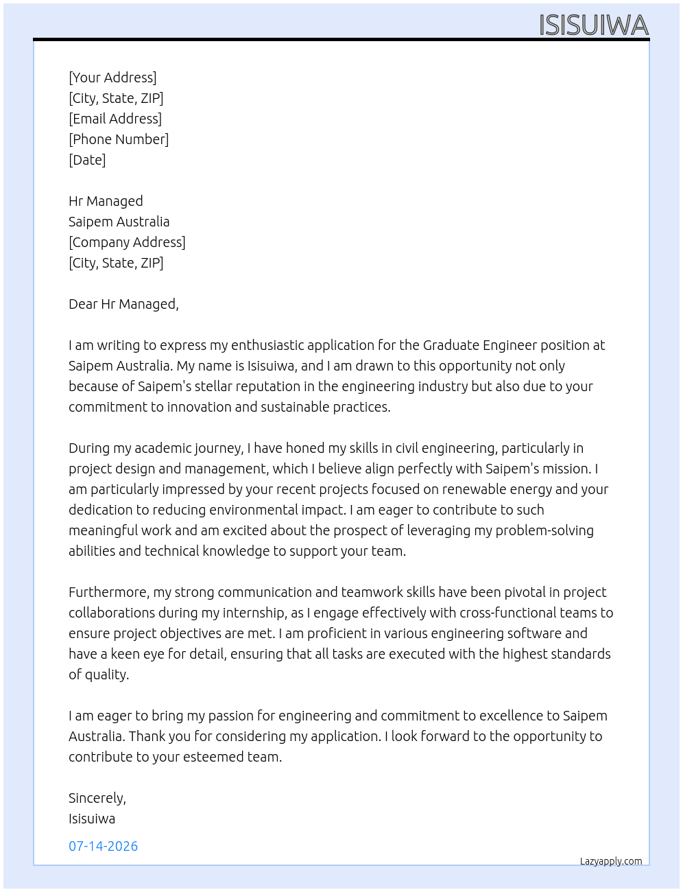 graduate engineer  At Saipem Australia  Cover Letter