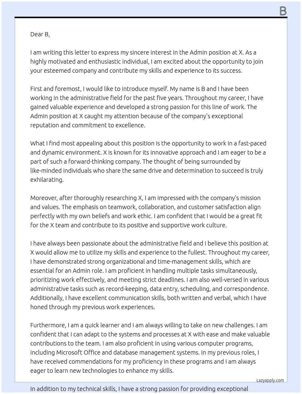 Admin At X Cover Letter