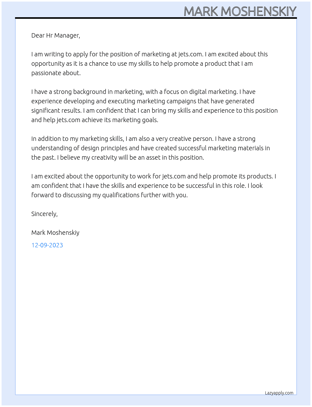 marketing At jets.com Cover Letter