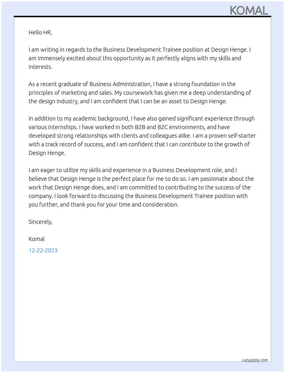 Business Development Trainee  At Design Henge Cover Letter