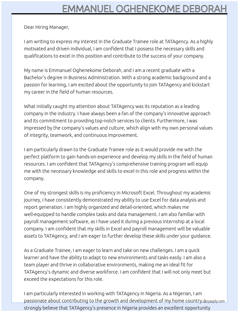 Graduate trainee At TATAgency Cover Letter