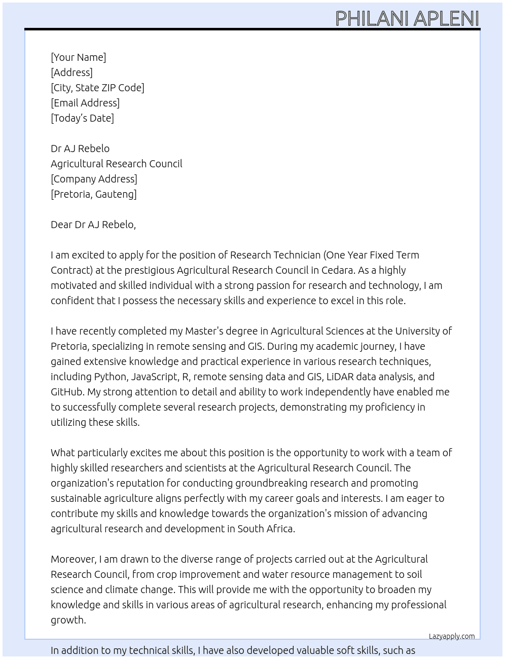 RESEARCH TECHNICIAN (ONE YEAR FIXED TERM CONTRACT) (Cedara) At Agricultural Research Council, South Africa Cover Letter