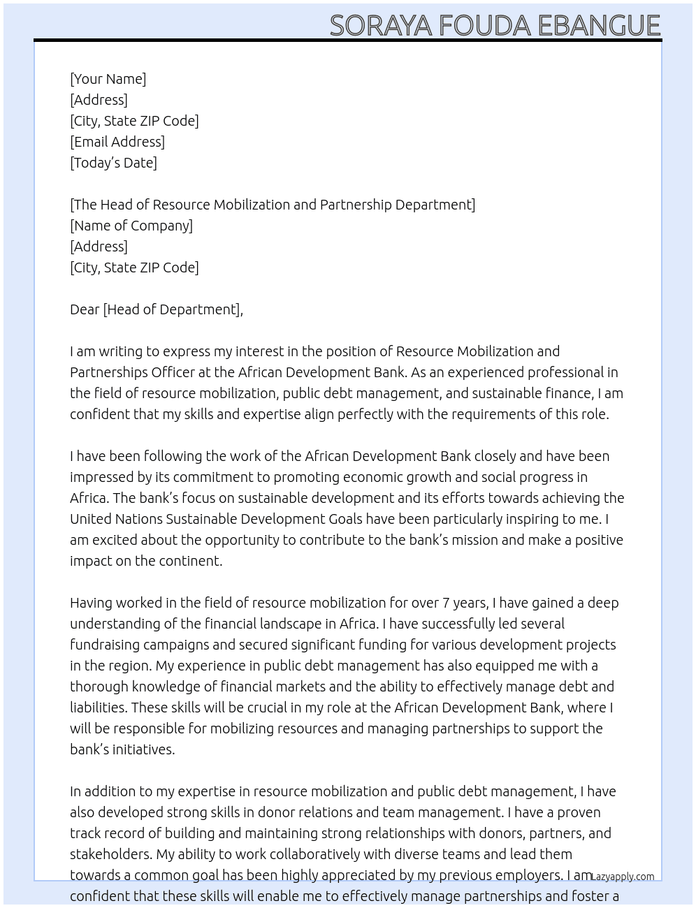 Resource Mobilisation and Partnerships Officer At AFRICAN DEVELOPMENT BANK Cover Letter