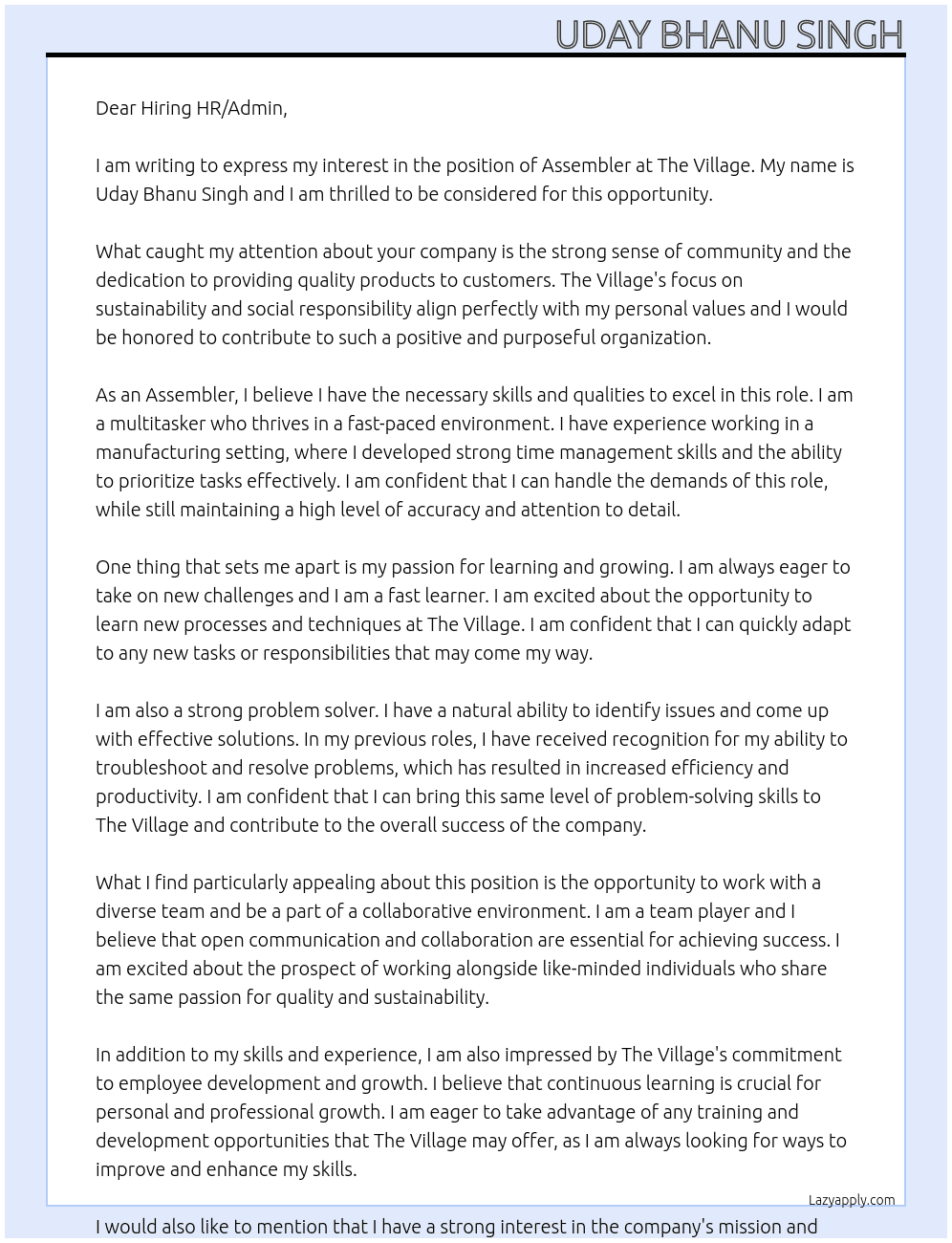 Assembler At The Village Cover Letter