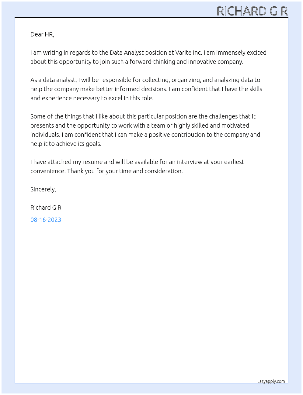 Data Analyst At Varite Inc Cover Letter