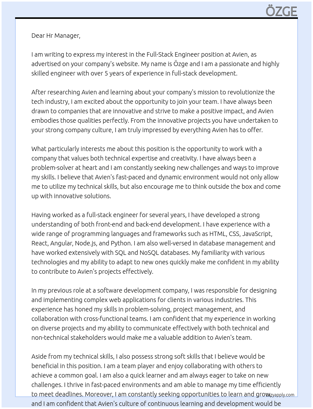 Full-Stack Engineer At Avien Cover Letter