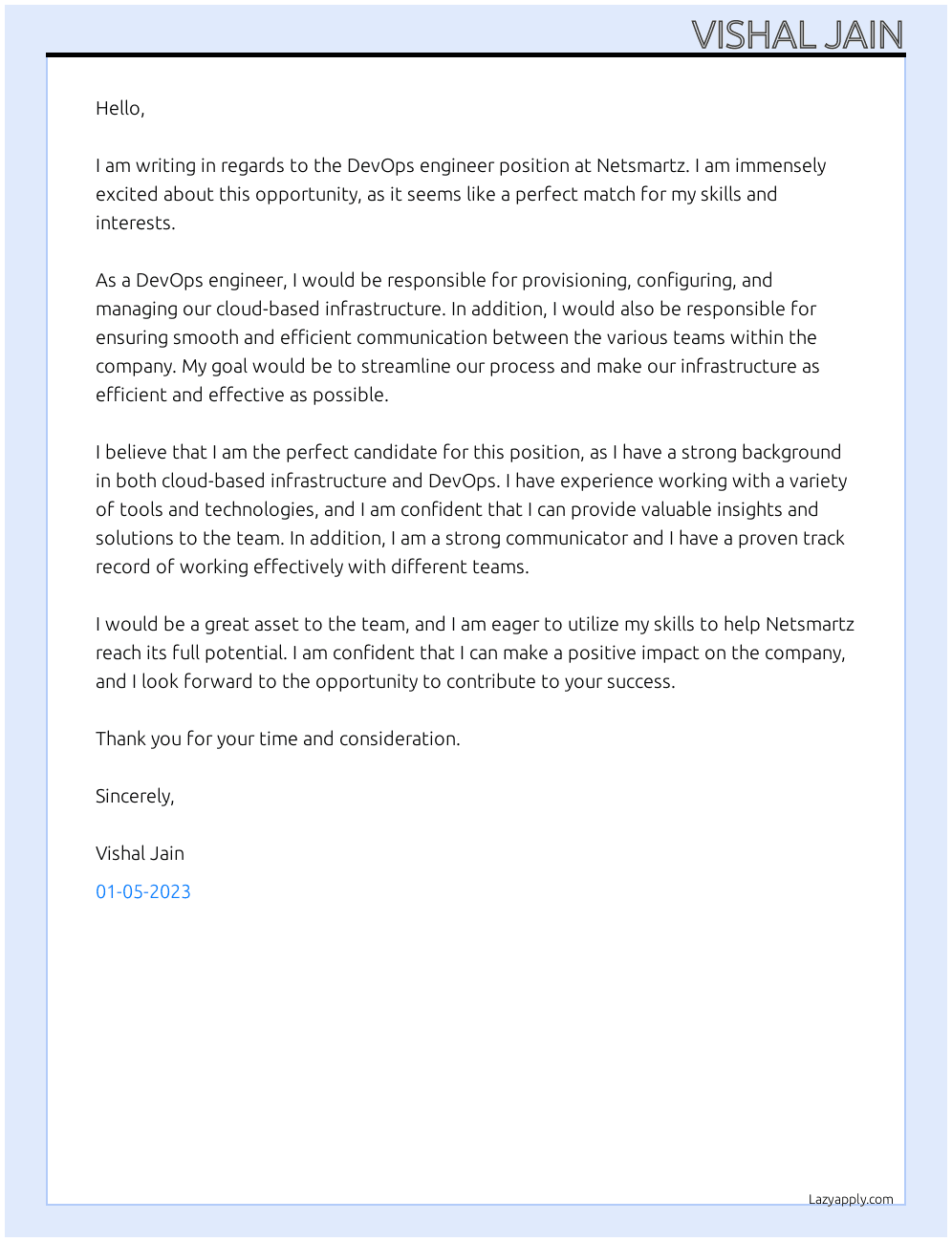 Devops engineer At Netsmartz Cover Letter