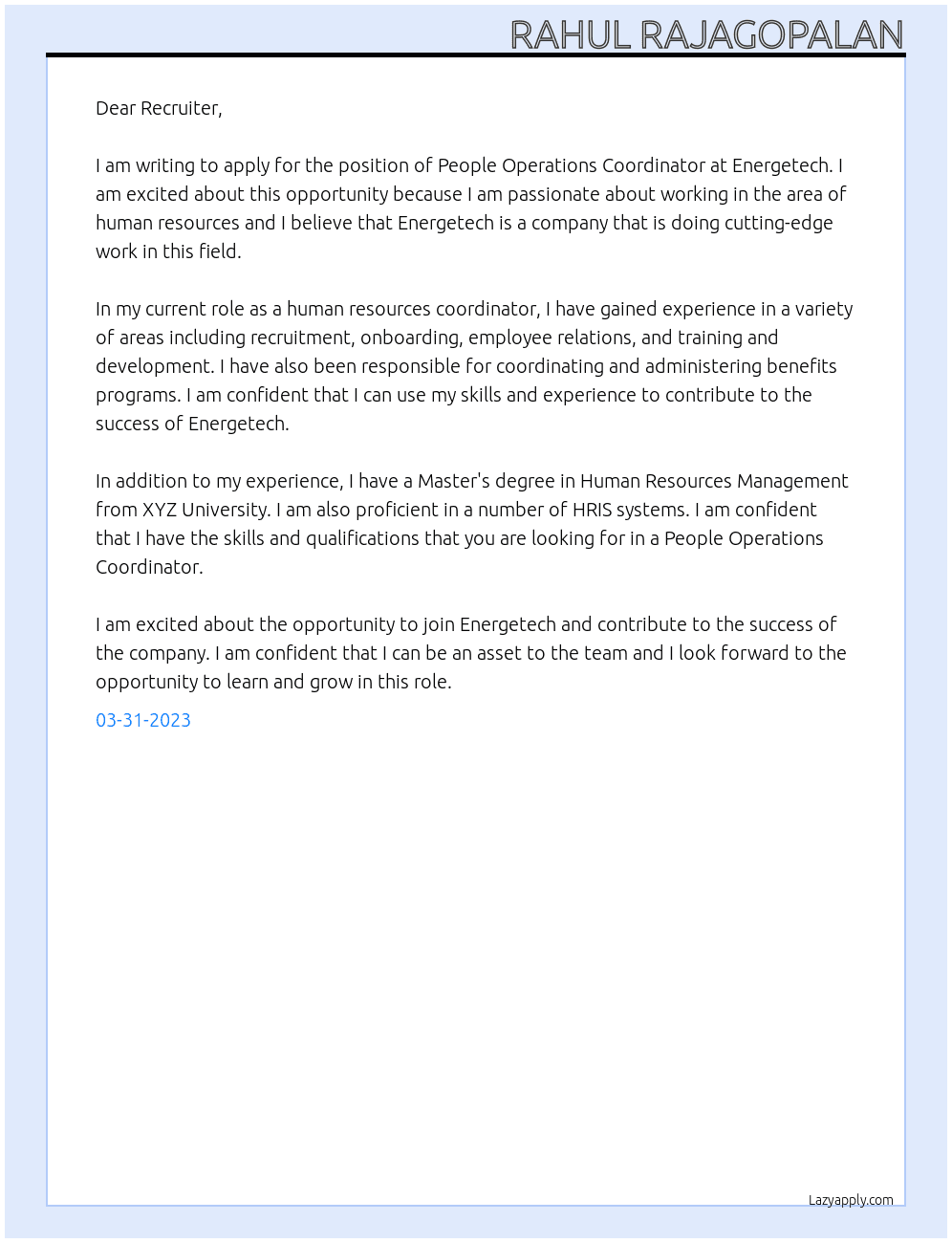 People operation coordinator At Energetech Cover Letter