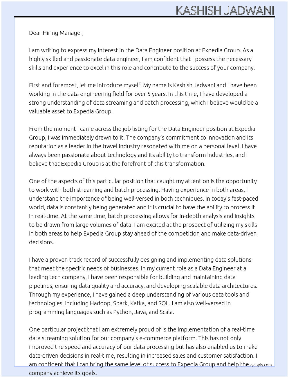 Data Engineer At Expedia Group Cover Letter